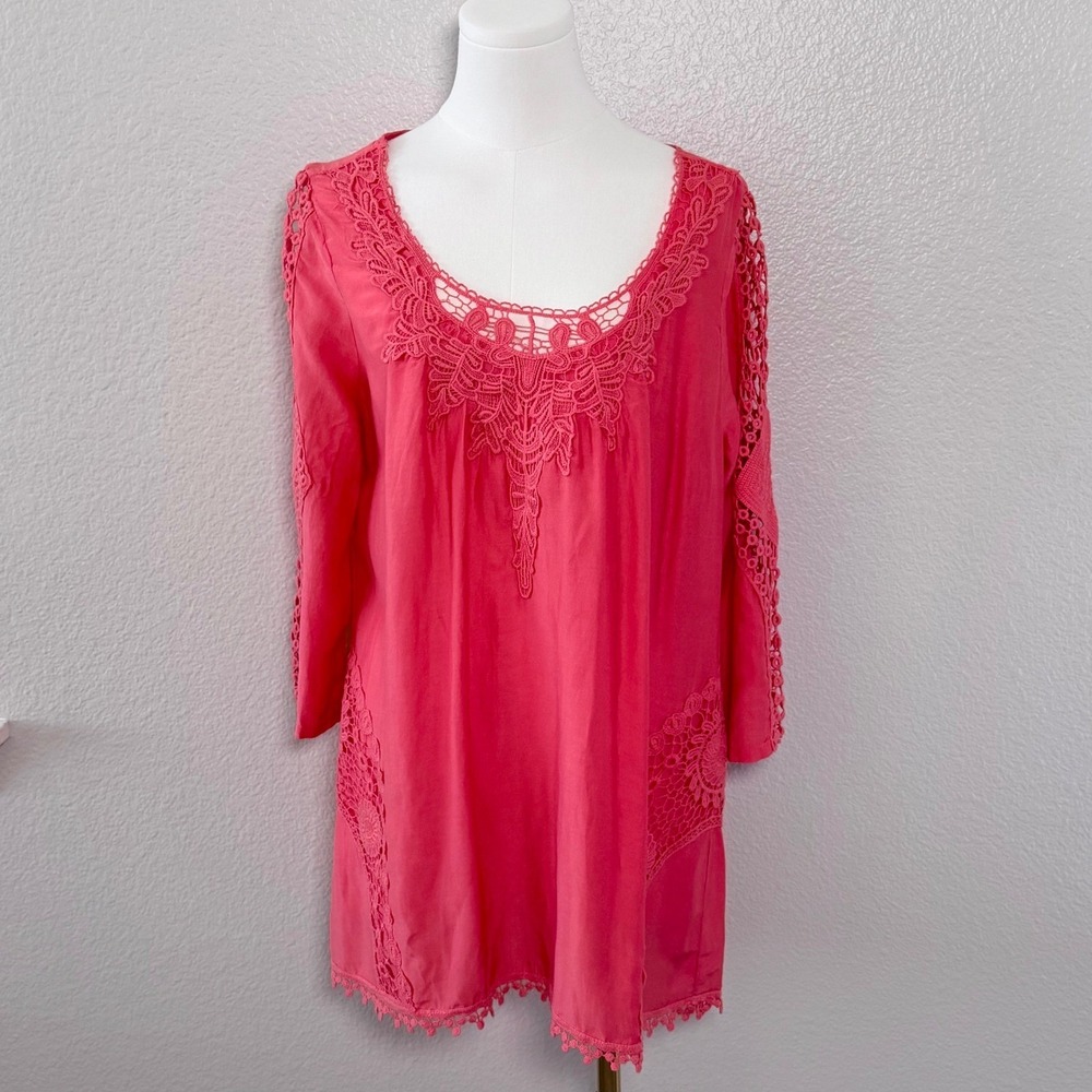 XCVI Coral Pink Cotton Silk Crochet Lace Tunic Top Bohemian Romantic Beachy Sz M - Picture 14 of 16